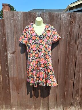 Women's Floral Short-Sleeve Fit & Flare Dress - Pink Orange Floral